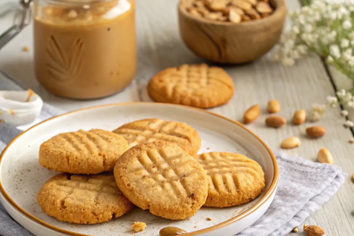 A plate of golden, perfectly baked 4-ingredient peanut butter cookies on a rustic wooden table, accompanied by a jar of peanut butter and scattered peanuts.