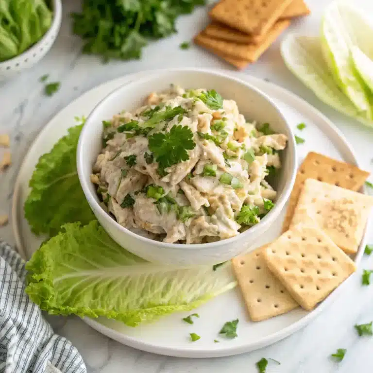 A fresh bowl of 4-ingredient chicken salad with shredded chicken, creamy mayonnaise, and chopped celery, served with crackers and lettuce wraps