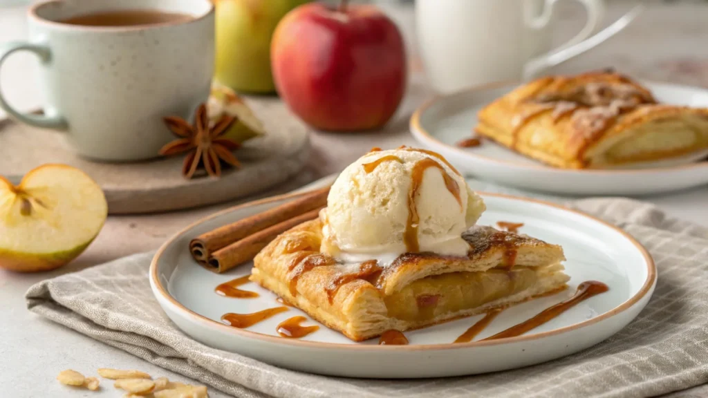 Warm apple puff pastries served with vanilla ice cream and caramel drizzle on a plate.