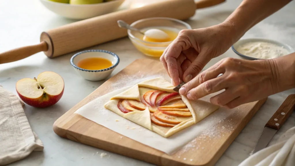 Hands folding puff pastry squares filled with spiced apple slices and brushing with egg wash.