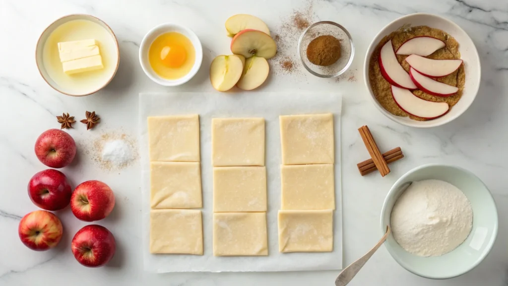 Ingredients for apple puff pastry, including puff pastry sheets, apples, cinnamon sugar, and butter.