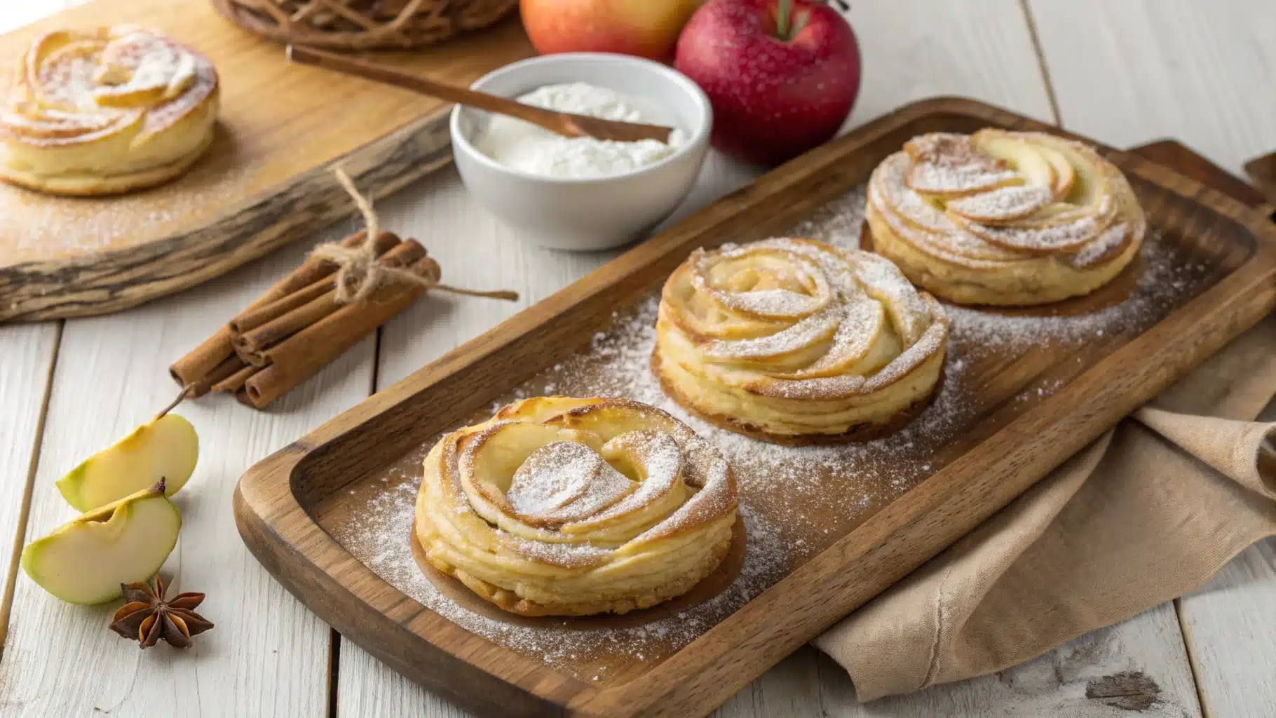 Freshly baked apple puff pastries with golden layers and powdered sugar on a wooden tray.