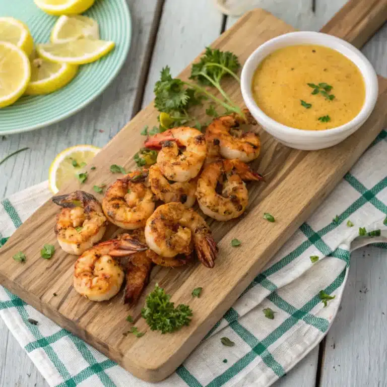 Juicy BBQ shrimp on a wooden board with lemon wedges and parsley