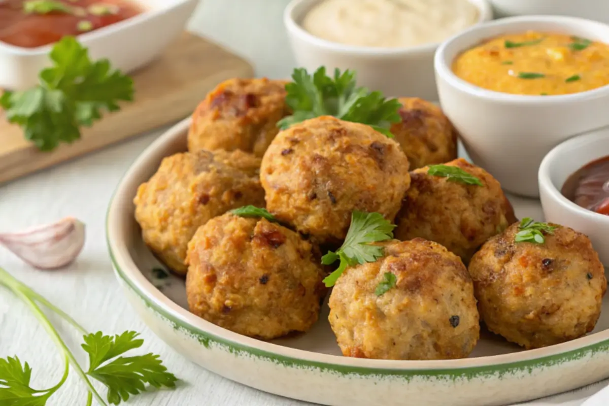 A plate of golden-brown Cheddar Bay Sausage Balls garnished with parsley, served alongside a bowl of creamy ranch dipping sauce.