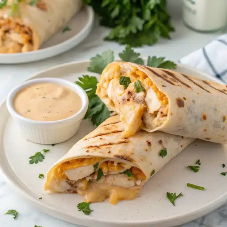 A golden Cheesy Garlic Chicken Wrap cut in half, revealing gooey cheese and tender chicken, garnished with parsley and served with sauce.