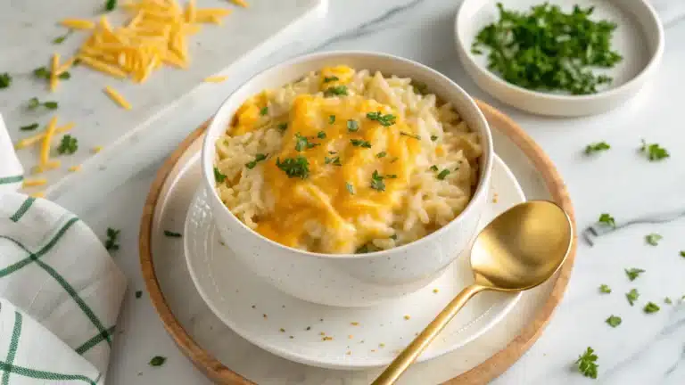 A steaming bowl of cheesy rice topped with parsley, showing creamy melted cheddar cheese and fluffy rice served on a white plate.