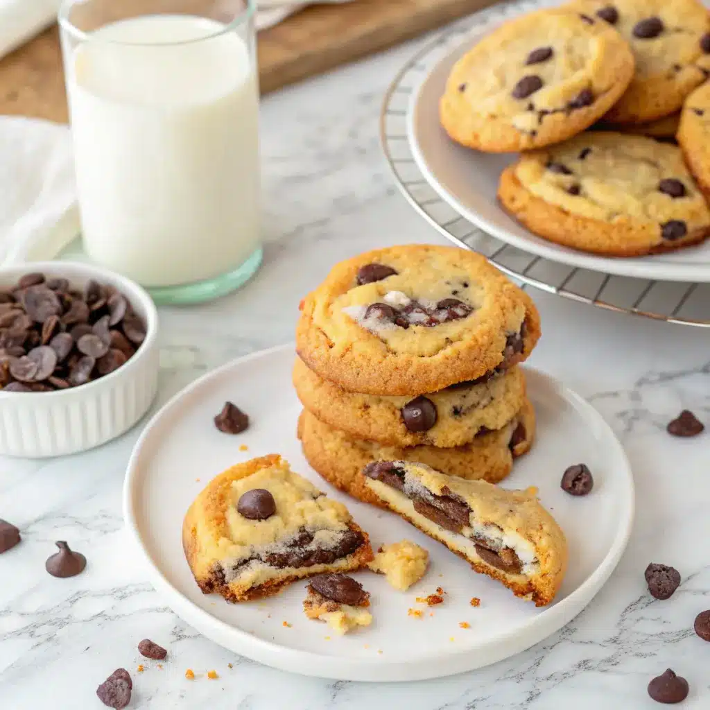 A stack of chocolate chip cheesecake cookies with golden edges, gooey centers, and a creamy cheesecake filling, surrounded by chocolate chips
