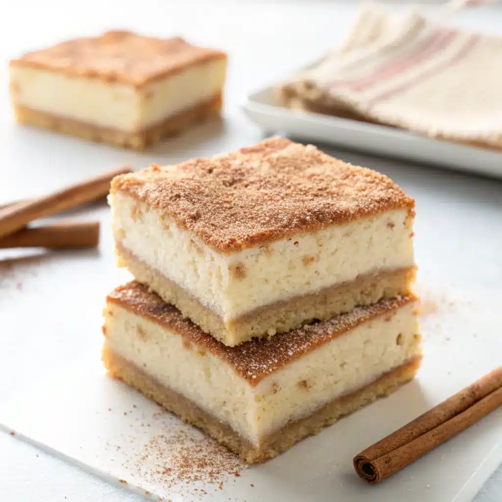 Overhead view of churro cheesecake with cinnamon sugar topping on a table.