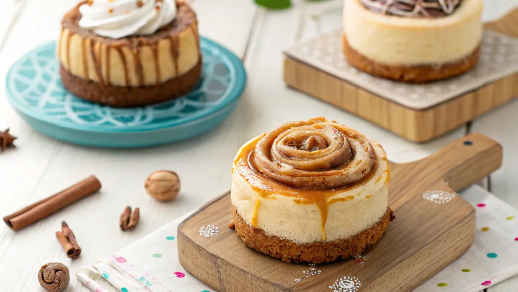 Mini cinnamon roll cheesecakes and a no-bake version garnished with cream cheese and caramel drizzle.
