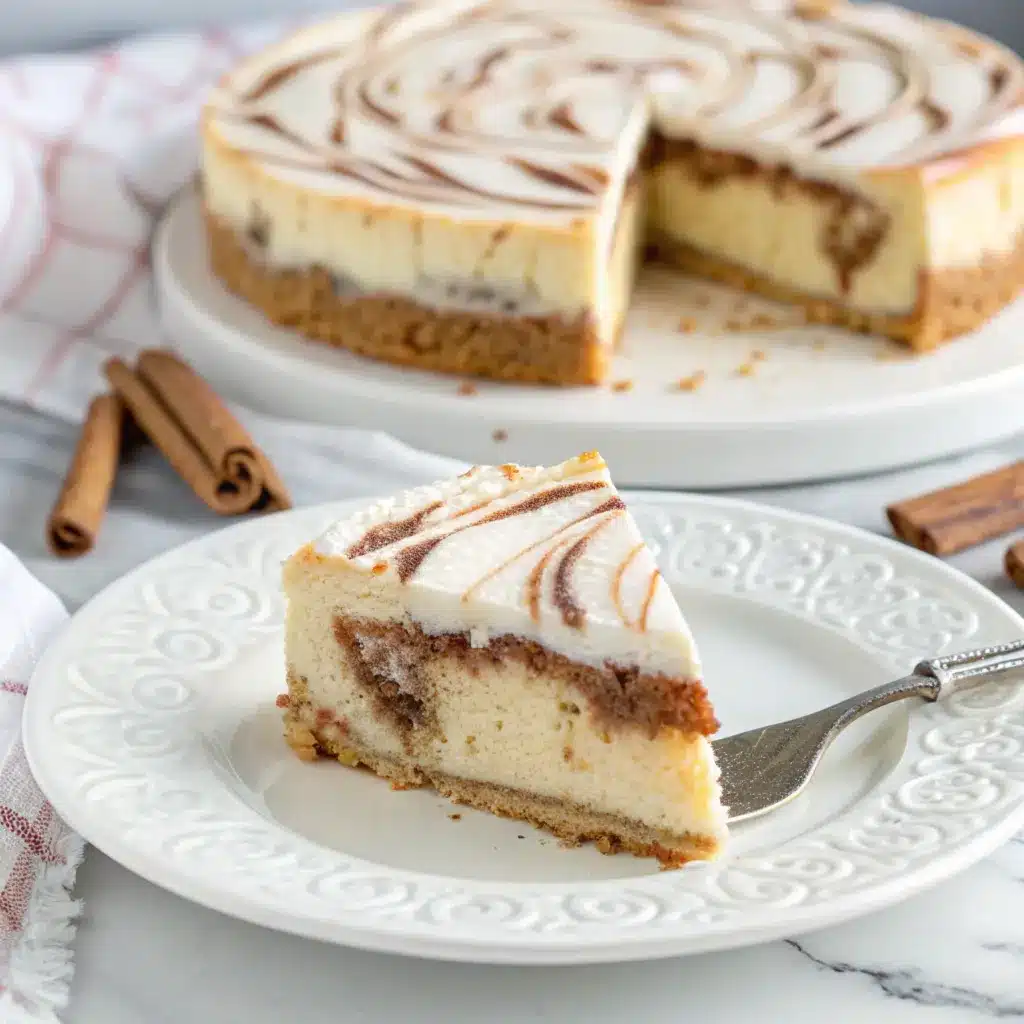 A whole cinnamon roll cheesecake with cream cheese frosting and cinnamon swirls on a marble cake stand.