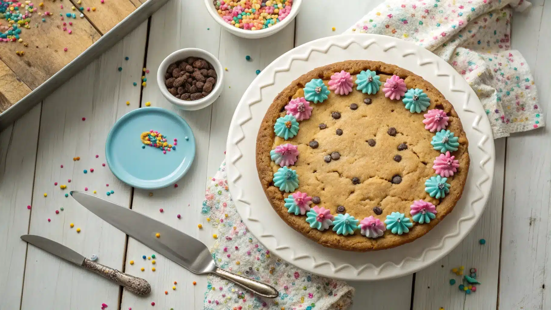 Freshly baked chocolate chip cookie cake with colorful frosting and sprinkles on a wooden table.