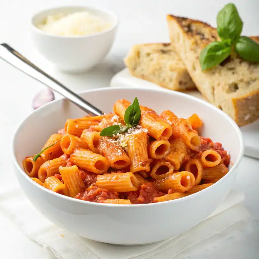 A rustic bowl of ditalini pasta served with fresh herbs, cherry tomatoes, and grated parmesan cheese.