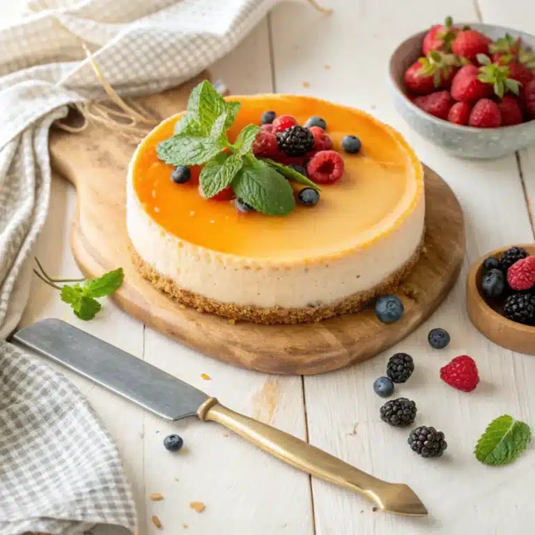 A classic French cheesecake with an apricot glaze, biscuit crust, and fresh mint, surrounded by berries and a serving knife.