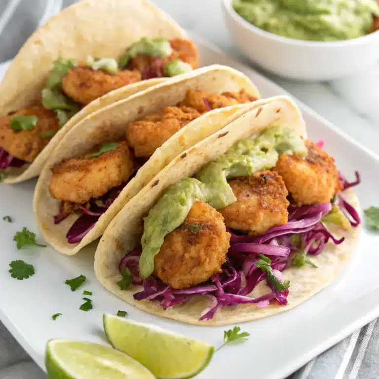 Plate of crispy fried shrimp tacos with cabbage slaw, avocado, and lime wedges.