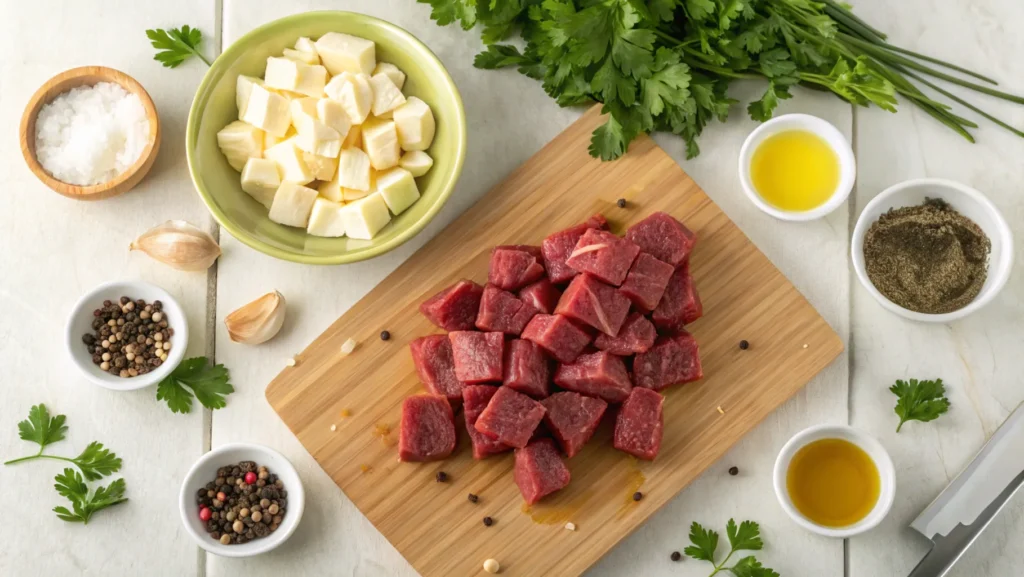 Ingredients for Garlic Butter Steak Bites arranged on a cutting board, including steak, garlic, butter, and seasonings.