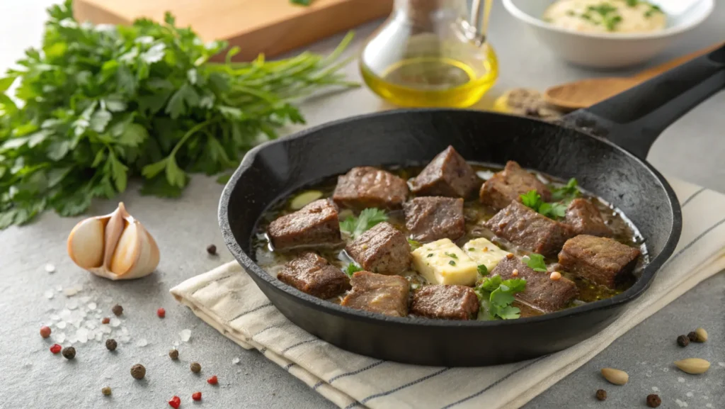 Steak bites searing in a skillet with melted butter and minced garlic, surrounded by fresh herbs.