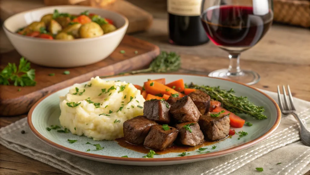 Garlic Butter Steak Bites served with mashed potatoes and roasted vegetables, paired with red wine.