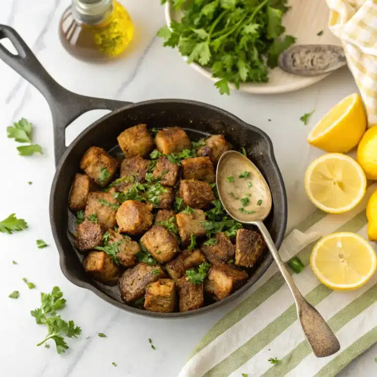 Golden Garlic Butter Steak Bites in a skillet, garnished with parsley and served with lemon wedges.