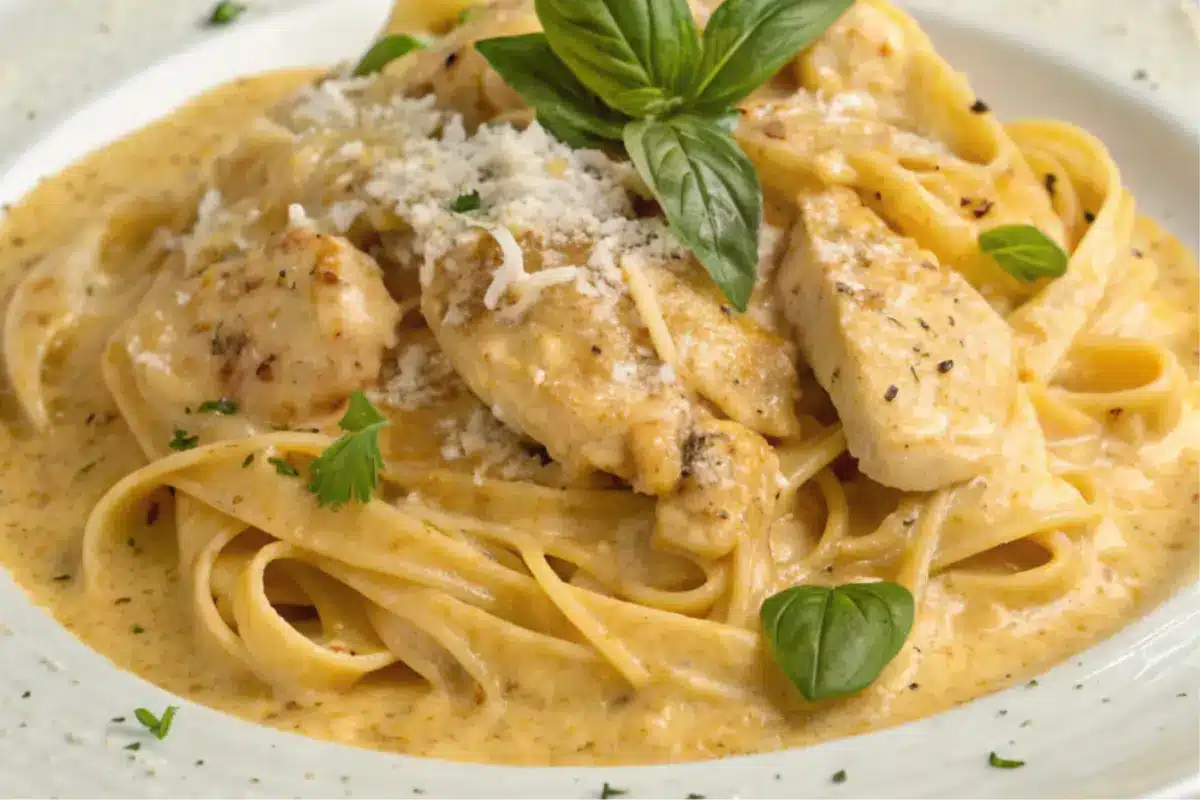 Creamy Garlic Parmesan Chicken Pasta topped with fresh parsley and grated Parmesan cheese, served in a white bowl.