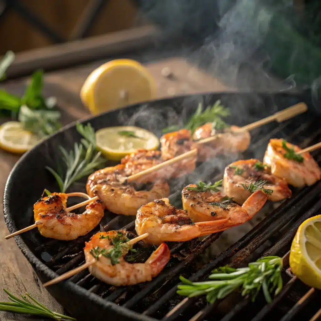 Close-up of grilled shell-on and shell-off shrimp skewers on a smoky barbecue with lemon wedges and fresh herbs.