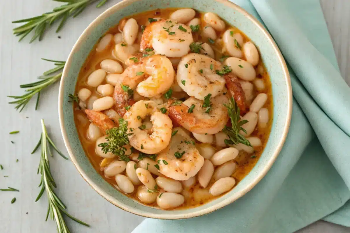A bowl of lemony shrimp and bean stew garnished with fresh herbs