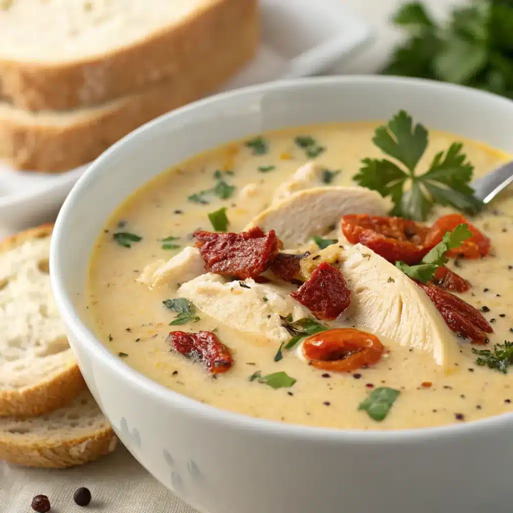 A bowl of marry me chicken soup garnished with fresh parsley and served with crusty bread