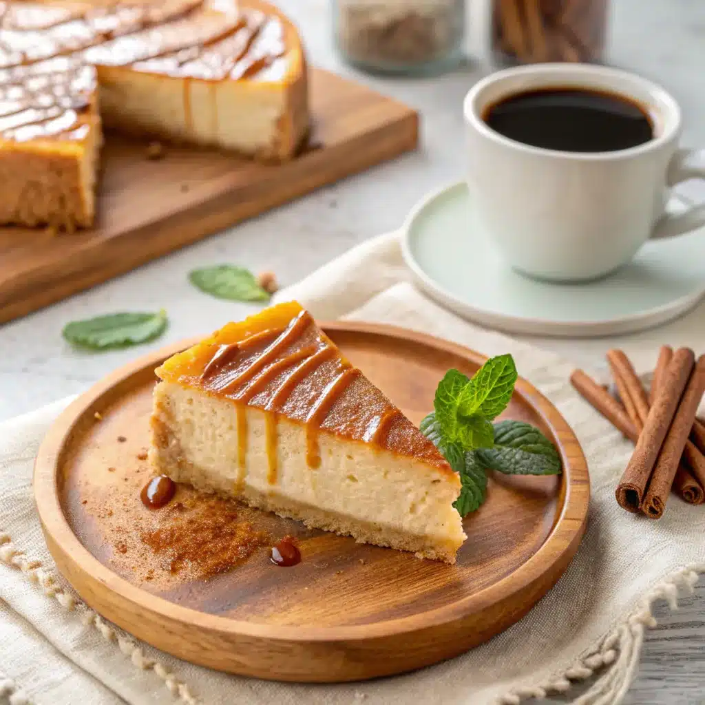 Slice of Mexican cheesecake with caramel drizzle on a wooden plate, surrounded by cinnamon coffee and fresh mint.