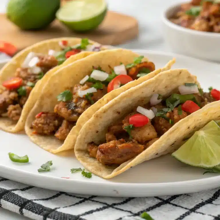 A colorful platter of mini tacos topped with guacamole, salsa, cheese, and fresh cilantro, served with lime wedges.