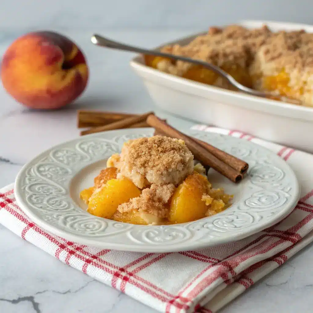 A freshly baked peach crumble with golden crumbs and bubbling peach filling, served in a rustic ceramic dish on a cozy kitchen counter.