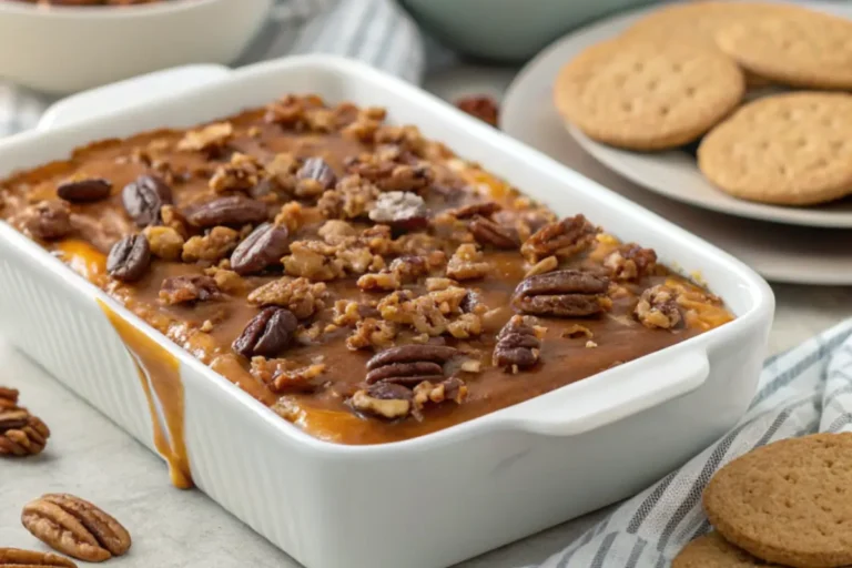 A creamy Pecan Pie Dip topped with toasted pecans, served in a decorative bowl with graham crackers and apple slices for dipping.