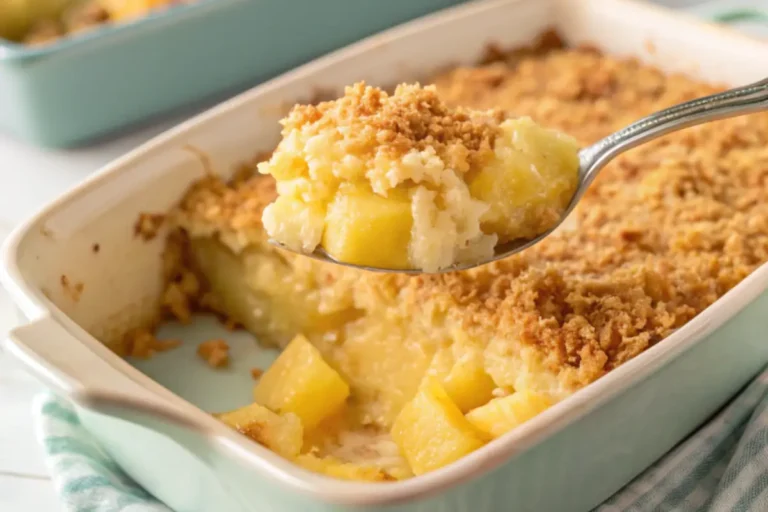 A golden-brown Pineapple Casserole with a crispy buttery cracker topping, served in a decorative baking dish, showcasing its sweet and savory layers.