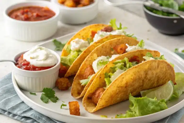 Golden, crispy potato tacos on a plate, garnished with fresh cilantro, served alongside salsa and sour cream for dipping
