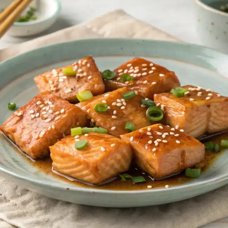 A plate of golden, crispy salmon bites garnished with fresh parsley and lemon wedges, served with dipping sauces.