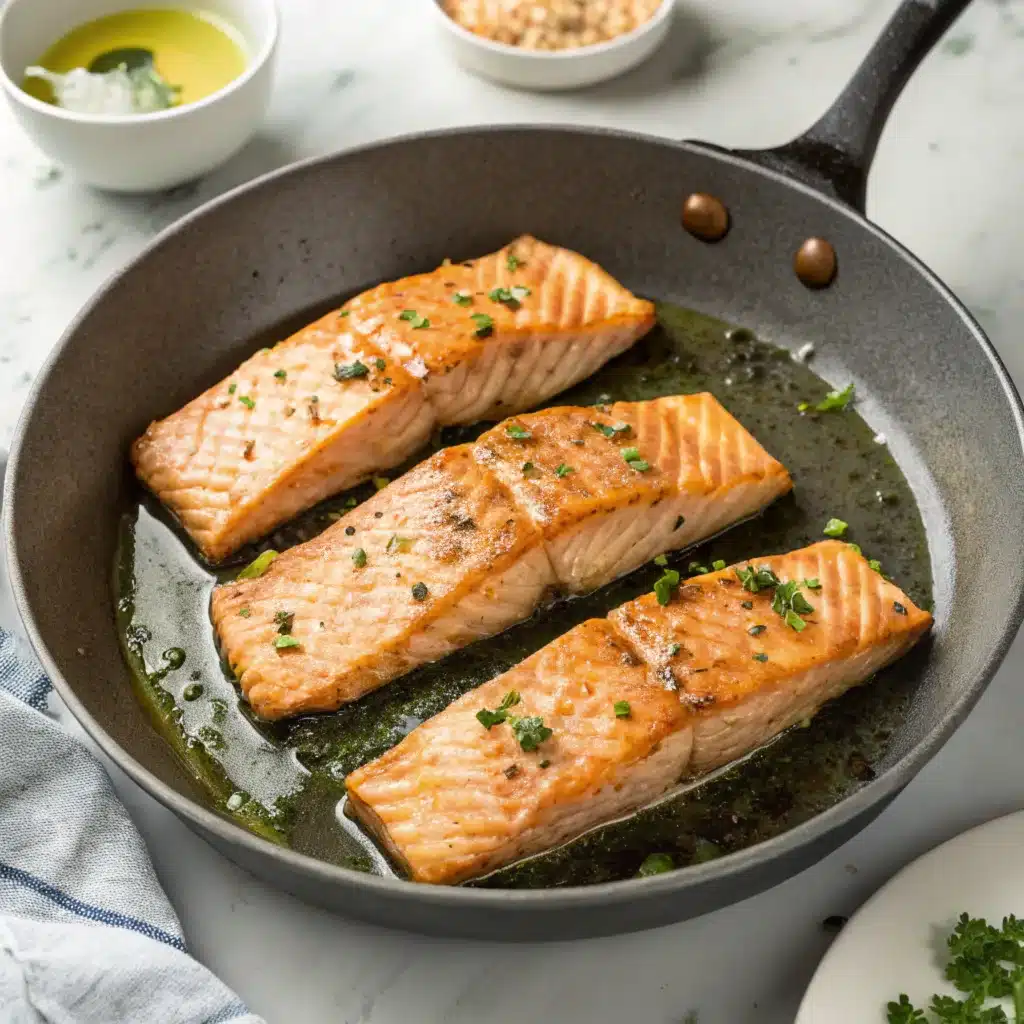 A salmon fillet cooking in a skillet with butter melting on top and olive oil drizzled, showcasing the differences between butter and oil for cooking salmon.