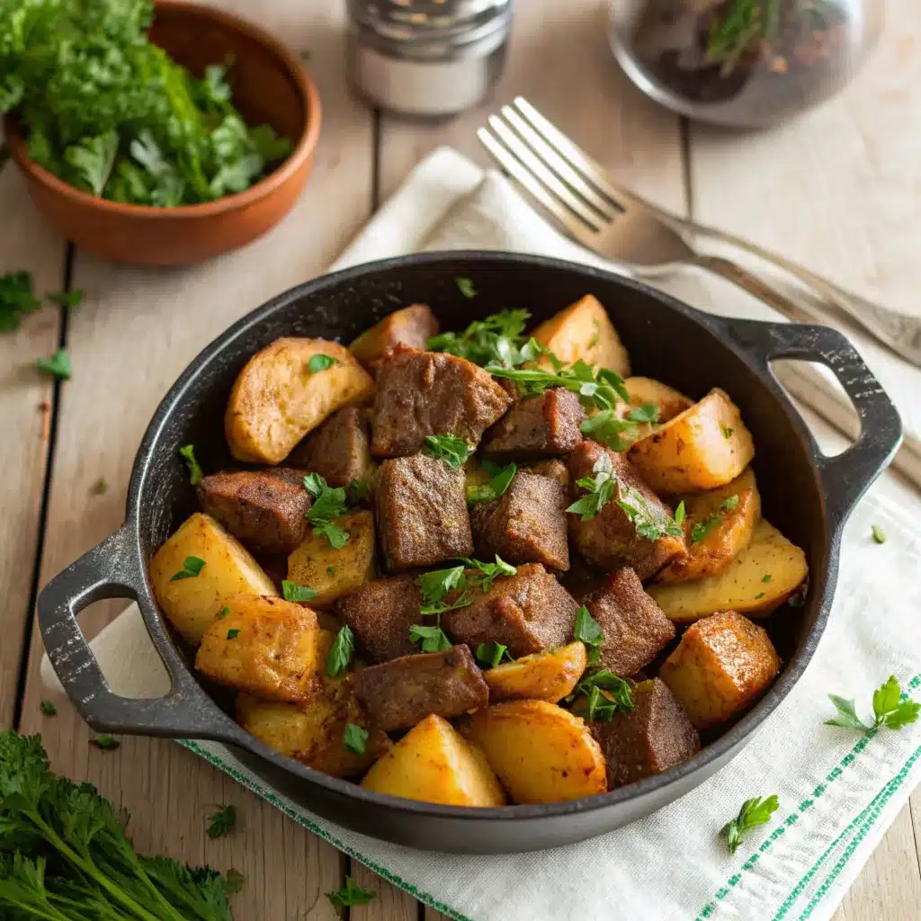 A skillet filled with tender steak bites and crispy potatoes, garnished with fresh parsley, on a wooden table.