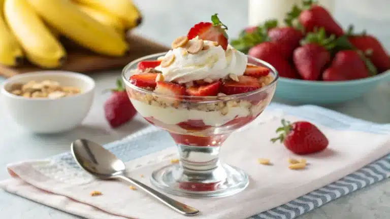 owl of strawberry banana cheesecake salad with fresh fruit and creamy cheesecake base.
