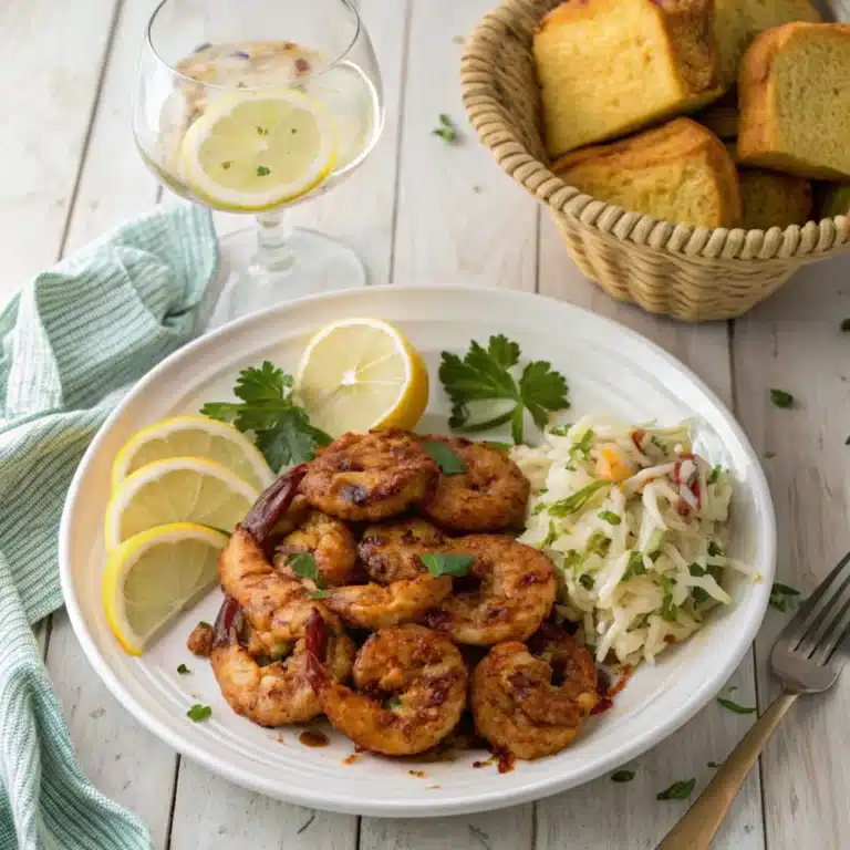 Smoky BBQ shrimp served with lemon wedges, coleslaw, and cornbread on a rustic table.