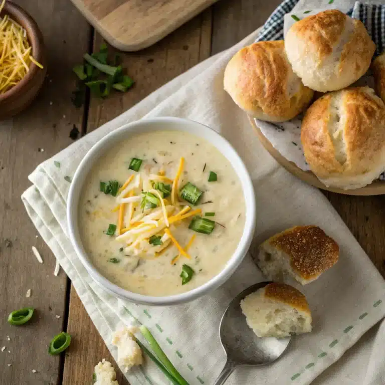 A bowl of potato soup with toppings, surrounded by bread and garlic knots.