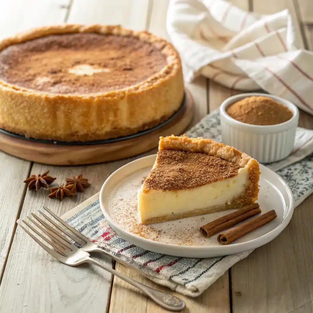 Freshly baked churro cheesecake with a golden crust and cinnamon sugar topping, served on a wooden table.