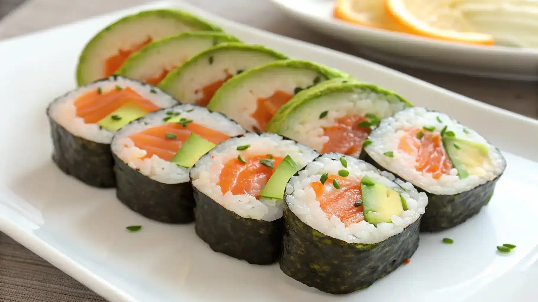 A plate of freshly prepared salmon avocado rolls, featuring vibrant orange salmon, creamy green avocado, and seasoned sushi rice wrapped in nori.