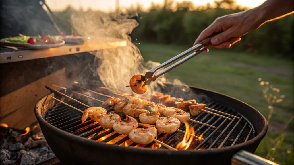 Shrimp skewers being grilled over flames with visible char marks and tongs turning them for even cooking.