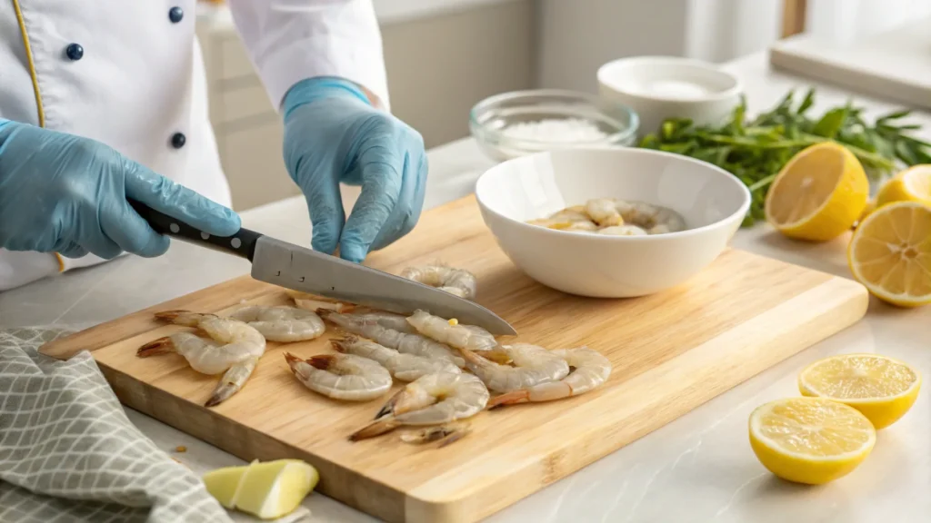 Raw shrimp being cleaned and deveined on a cutting board, with a paring knife and fresh lemon slices nearby.