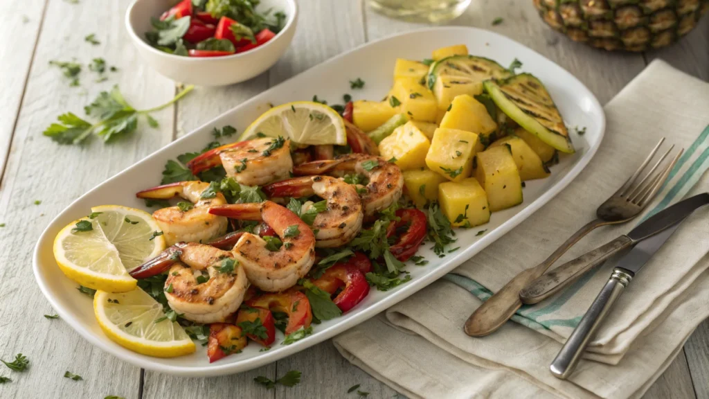Platter of grilled shrimp garnished with fresh herbs and lemon wedges, served with grilled vegetables and pineapple chunks.