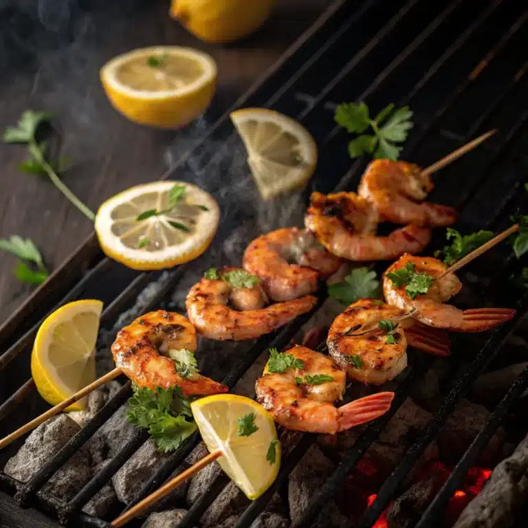 uicy grilled shrimp skewers on a barbecue grill with char marks and garnished with lemon wedges and parsley.
