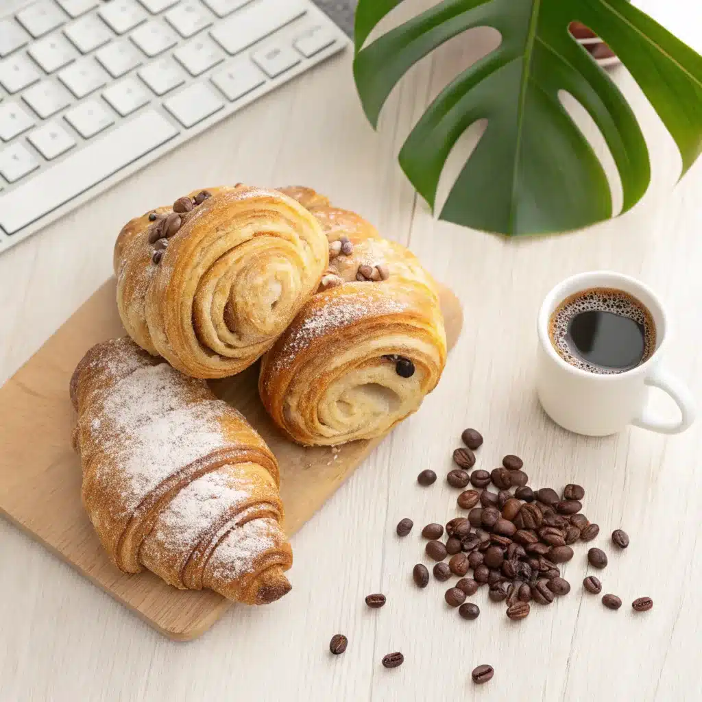 A croissant and a Gipfeli side by side on a wooden board, highlighting their differences in shape, texture, and color