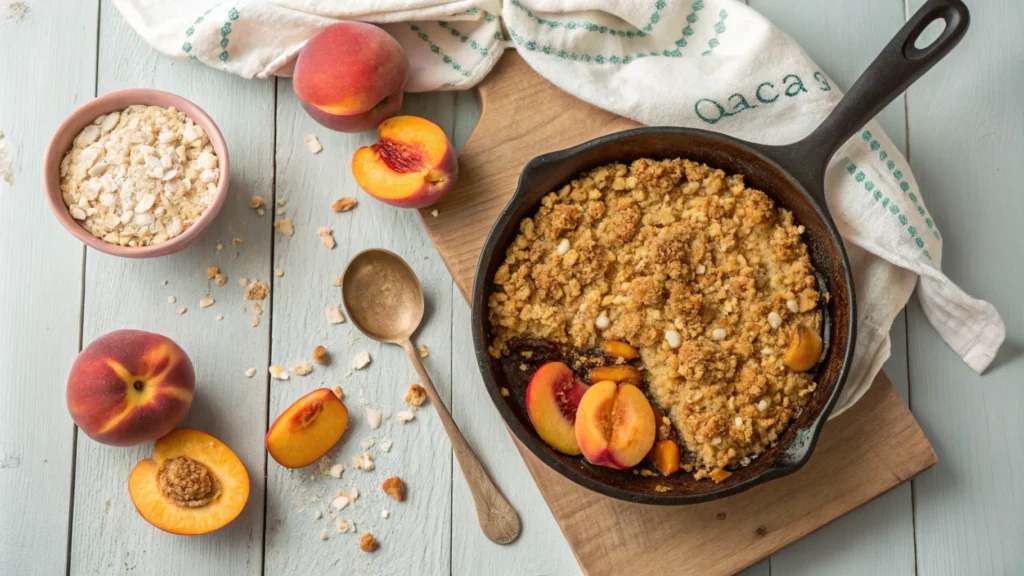 A peach crisp in a cast-iron skillet, topped with a golden oat crumble, surrounded by fresh peaches and oats.