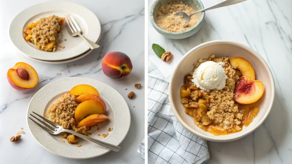 Side-by-side comparison of peach crumble and peach crisp on separate plates, highlighting their distinct toppings.