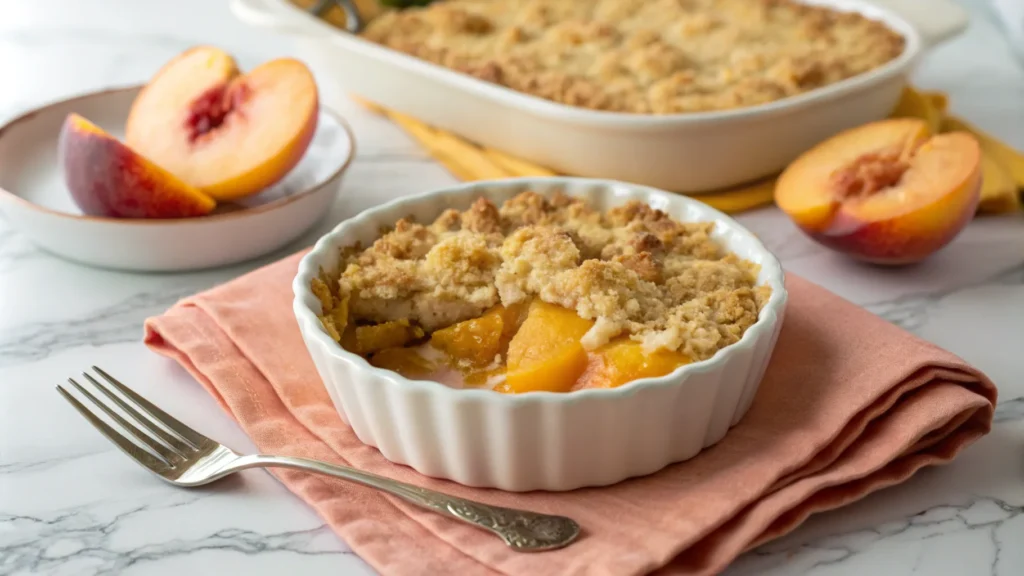 A golden-brown peach crumble in a white ceramic dish, with buttery crumbs and soft peach filling spilling over the edges.