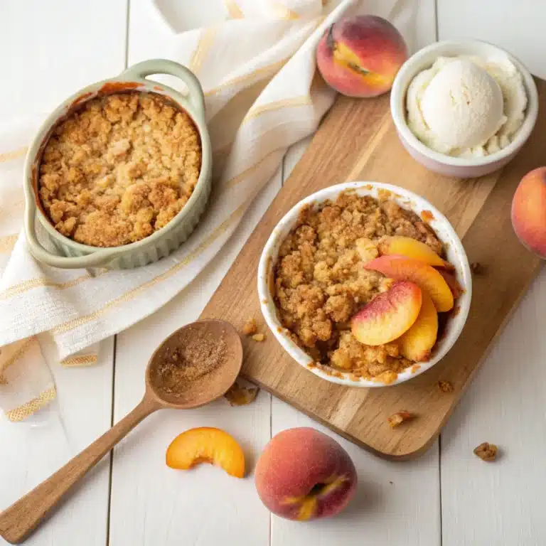 A warm peach crumble and peach crisp side by side in rustic ceramic dishes, with golden-brown toppings and fresh peaches nearby.