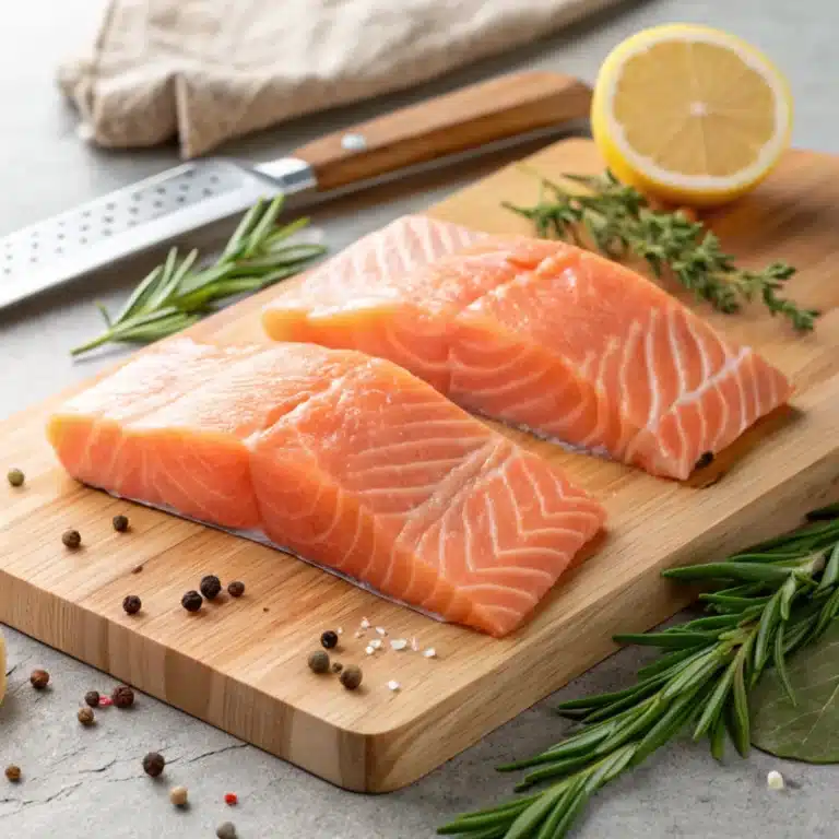 A perfectly salmon fillet garnished with fresh herbs and lemon slices, showcasing the secret to the best salmon.